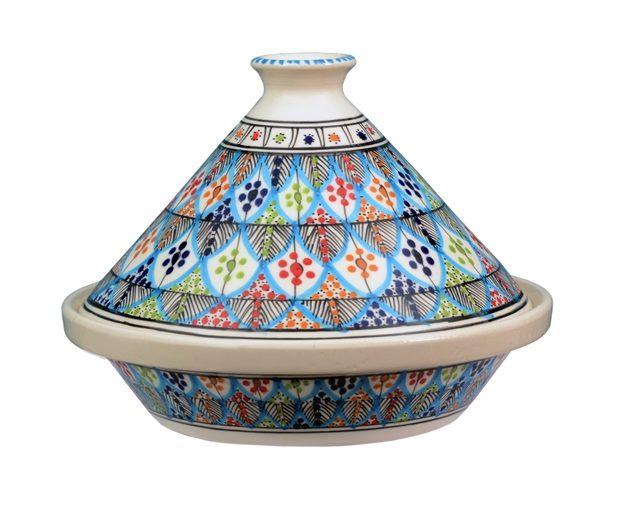 Tunisian Red Moroccan Style Hand Made & Hand Painted Large Beautiful Tagine in A Tunisian Rainbow Or Blue Chrysanthemum Designs 