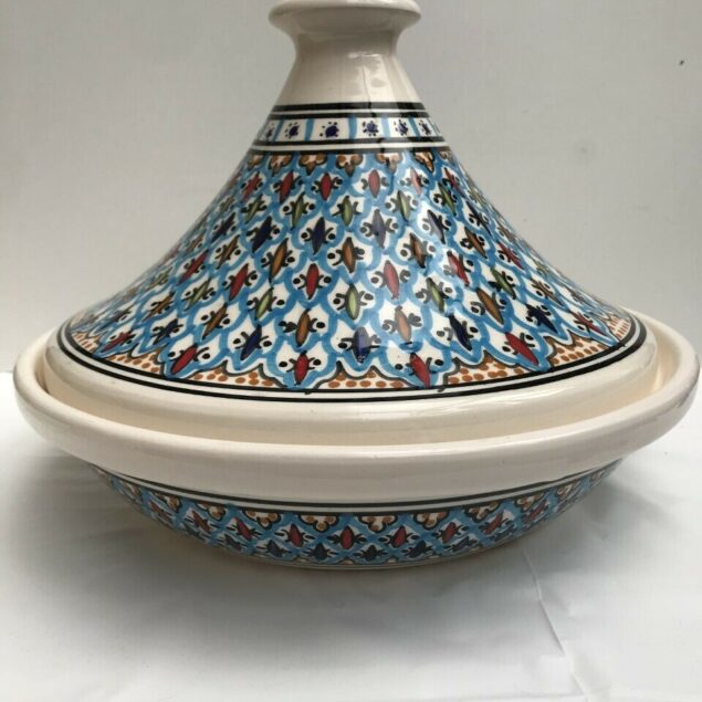 Beautiful Tagine in A Tunisian Or Blue Chrysanthemum Designs Hand Made Painted Moroccan Style Authentic Rustic Thrown Hand Painted 